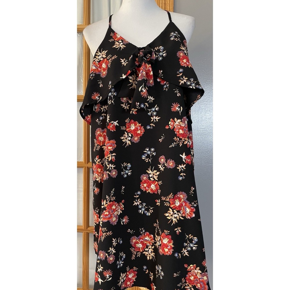 Eyeshadow Floral Slip Dress Sz L Black Red Ruffle Overlay Racerback Beach Modern